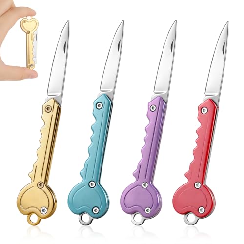DONGFENGLION 4 Stück Mini Messer Schlüsselanhänger, Klappmesser Schlüssel In Schlüsselform, Tragbares Mini Taschenmesser für Outdoor, Camping, Paketöffner,...
