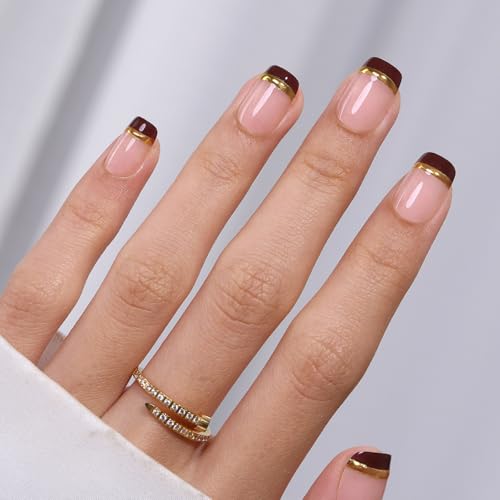 Short Chocolate Brown Gold Square Press on Nails Fall - GJZEZ Soft Gel...