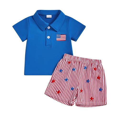 Toddler Baby Boy 4th Of July Outfit American Flag Embroidery Polo T Shirt Striped Stars Shorts Baby Boy Summer Outfit (A Blue, 2-3T)