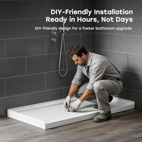 Image of HOROW 60 inch x 30 inch Shower Base, Center Drain Shower Pan, Low Profile Acrylic Base with Reinforced Fiberglass, Non-Slip Surface, Stainless Steel Drain Cover, Leak-Resistant for Bathroom