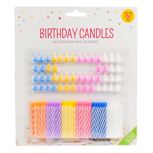 152pcs Decorative Birthday Cake Celebration Candles Set with Easy to Use Holders, Angel Flames, Assorted Striped Spiral Multi Coloured Birthday Party Candles, 102 Candles and 50 Bases