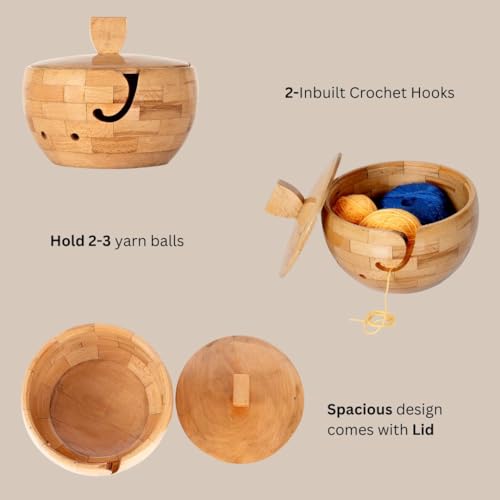Image of Wooden Large Yarn Bowl with Lid (7.5x4.5) - Yarn Holder with Cover for Crocheting & Knitting - Crochet Bowl with Handle & Hooks - Gift for Crafters