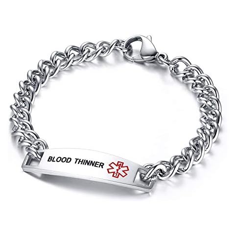 TTVOVO Medical Alert ID Bracelets for Men Women Stainless Steel SOS Emergency Medical Bracelets Link Chain Bracelet Identification Doctors Medical ID Bracelets Jewelry Gifts, 8.7Inches, Blood Thinner Cover