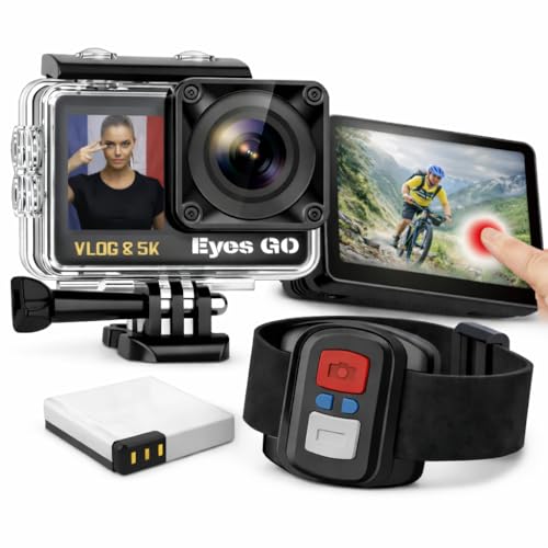Eyes GO 5K26 - Caméra Sport 5K30fps 4K60FPS HD120FPS - 28 Accessoires - Photo 50MP - 2 Ecrans Tactile Vlog - Télécommande - Stabilisateur E.I.S 2.0 - Étanche 30M -...