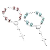 Ohleats Car Rosary for Rearview Mirror, Personalized Rear View Cross Blessing Beads Decor, Auto Rearview Catholic Rosary Hanging Pendant, Car Interior Hanging Accessories (Red+Blue)