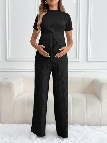 OYOANGLE Women's Maternity Lounge Set 2 Piece Ribbed Knit Short Sleeve Top and Pants Pajama Set Sleepwear2