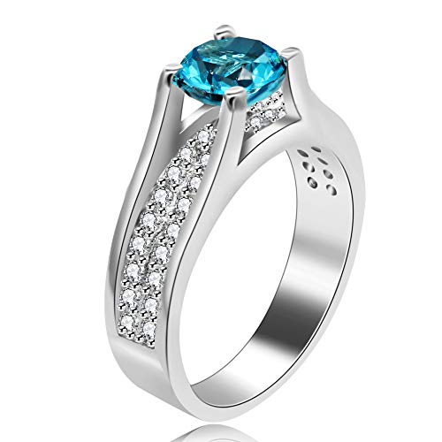 Uloveido Ladies White Gold Plated Round Cut Lab Created Blue Topaz December Birthstone Rings for Mom Silver Color Crystal Wedding Promise Anniversary Ring for Women Girls (Blue, Size 9) Y006