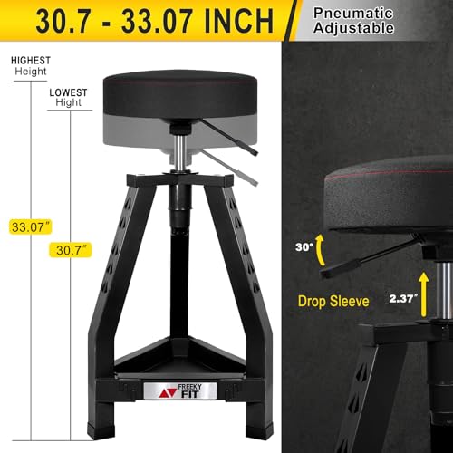 FreekyFit Adjustable Shop Stool, Mechanics Garage Bar Stool Chair, Work Metal Stool for Workshop, Adjustable Height, 360° Swivel Padded Seat, Tool Tray Storage, 350 LBS Capacity, Heavy Duty, Black