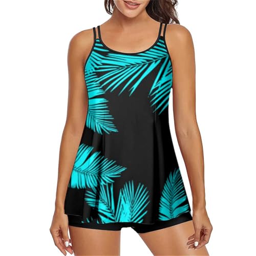 Traje de Baño Tankini con Estampado de Doble Hombro para Mujer Conjunto de Dos Piezas Ideal para Playa (Blue, XXL)