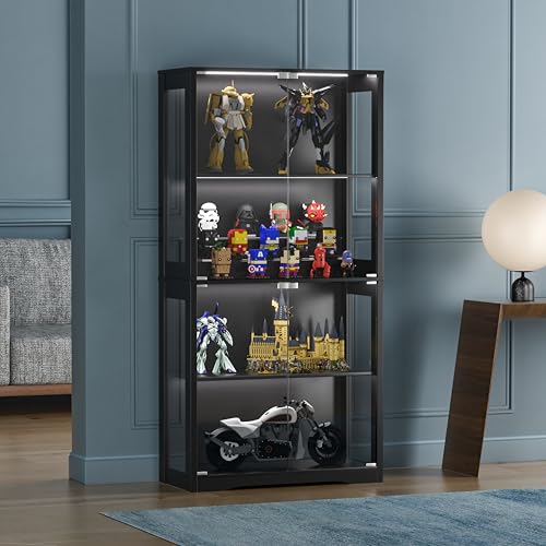 MUPATER Display Cabinet with Glass Doors, 70” Tall Glass Display Case with 3 Colors Lights for Collectibles, 4-Tier Curio Cabinet with Human Body Sensor for Toys and Books, Black