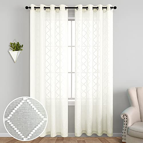 Cream Beige Diamond Linen Look Long Curtains for Living Room 108 Inches Long