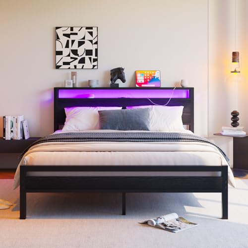 HOJINLINERO Cama de 140 x 190 cm con espacio de almacenamiento y somier de láminas de 140 x 190 cm, estructura de cama con función de carga USB y iluminación LED, moderna cama de almacenamiento, marco