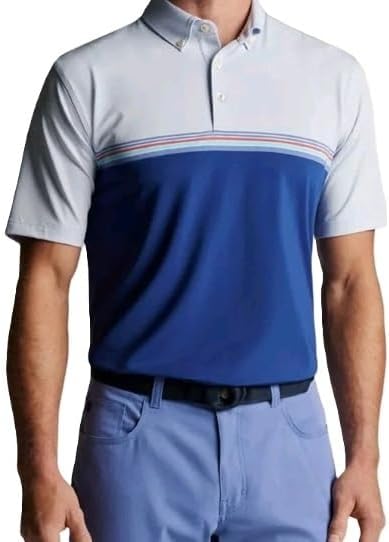 PETER MILLAR Men's White Campbell Blue Performance Jersey Polo Shirt Standar, Medium