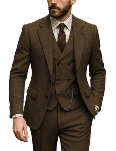 Men's Suits Slim Fit 3 Pieces Tweed Herringbone Double Breasted Jacket+Vest+Pants Wedding Grooms3