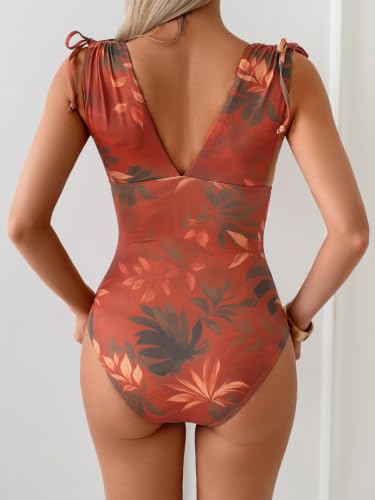 Image of One Piece Swimsuit for Women Tummy Control Ruched Bathing Suit Sexy High Cut Swimwear V Neck Swim Suit