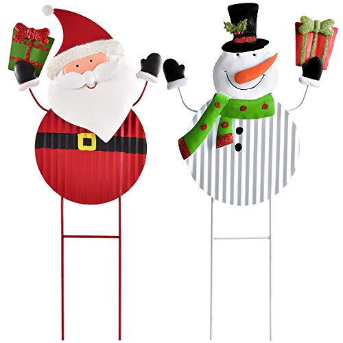 Lvydec 2Pcs Christmas Yard Signs Decorations, 25" X 11" Snowman And Santa Yard Signs Metal Garden Stakes For Outdoor Garden Lawn Pathway Christmas Decoration #TOP29