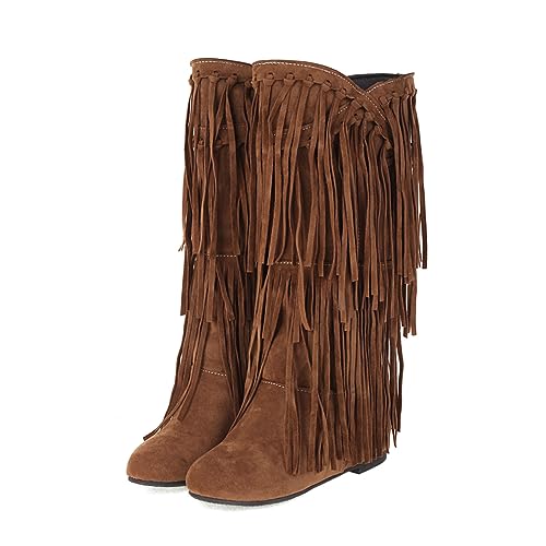 gongxifacai Womens Fringe Western Boots Fashion Hidden Heel Knee-high Boots2