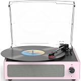 WOCKODER Record Players for Vinyls Turntable with Speakers Belt-Driven Turn Tables LP Phonograph Support 3-Speed Full Size Bluetooth Wireless Playback Headphone AUX RCA Line New Sleek Pale Light Pink