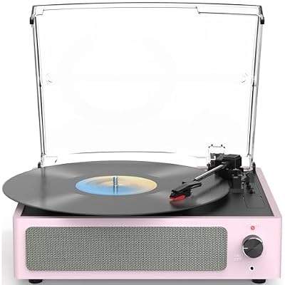 WOCKODER Record Players for Vinyls Turntable with Speakers Belt-Driven Turn Tables LP Phonograph Support 3-Speed Full Size Bluetooth Wireless Playback Headphone AUX RCA Line New Sleek Pale Light Pink