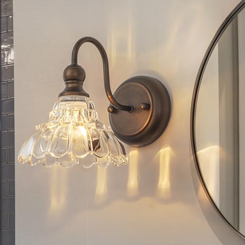 Image of EDISLIVE Vintage Vanity Light for Bathroom ORB 1-Light Bath Wall Light Fixture with Clear Flower Glass Shades 6.7 inch E12 Antique Wall Sconce for Bedroom Hallway Living Room Vanity Mirror