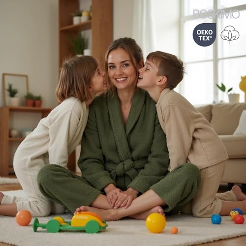 BOSKIMO Bademantel, Unisex, 100 % Baumwolle, Oeko-Tex, Bademantel für Damen und Herren, amerikanischer Frottee, 420 g/m², weich und sehr saugfähig, khaki-grün, S