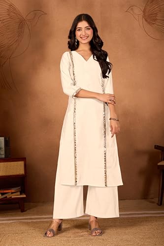 Image of Women Straight-Cut Kurta Pant Set with Subtle Golden Lace Embellishment | Elegant Ethnic Wear for Festive, Office & Casual Use