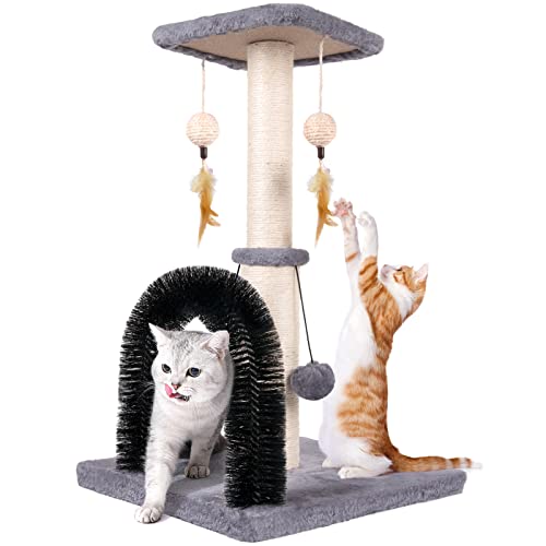 Cat Scratching Post with Self Groomer and Top Platform - Durable Sisal Cat Scratcher Stable Cat Scratch Post with Dangling Balls, Verstile Cat Scratching Poles for Indoor Cats (Grey)