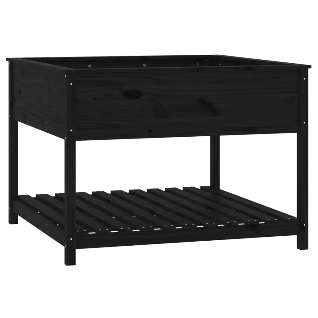 Macetero con estante de madera de pino maciza, color negro, 111,5 x 111,5 x 81 cm, para terraza, balcón, jardín, bancal, jardinera, con práctica superficie de almacenamiento para verduras