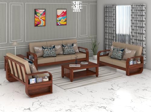 Image of Sheesham Wood 7 Seater Sofa Set with 40 Density Cushion for Living Room Home Office Solid Wood Sofa Set Furniture Wooden Seven Seater Sofa Set (Natural,Cream)