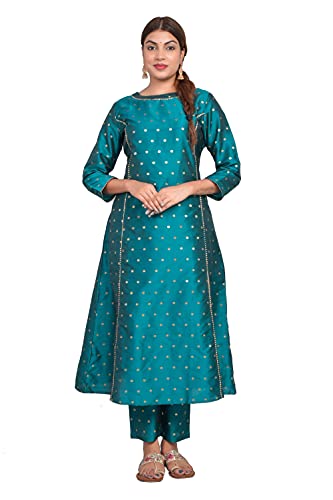 Image of Riara Art Silk Women Long Anarkali Kurti with Pant Polka Dot A-line Ladies Ethnic Wear Dress