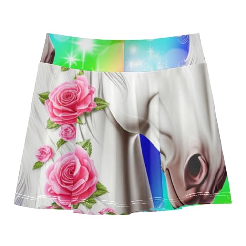 Joisal Athletic Shorts for Girls Skorts Beautiful Horse White Pink Rose Tennis Skirts Kids Preppy School 3t2