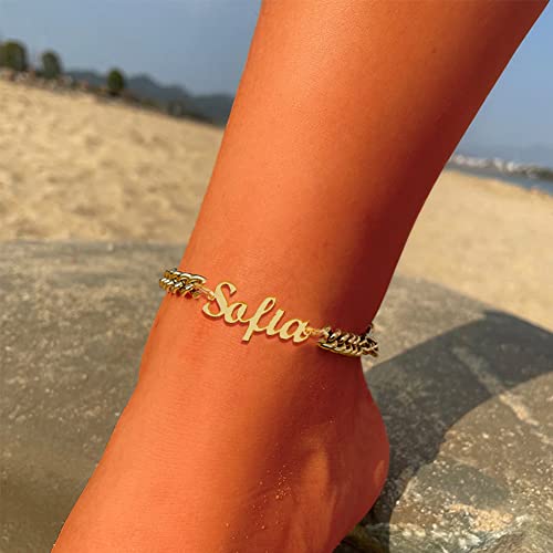 Jecivila Personalized Cuban Link Anklets For Women 18K Gold Plate Name Anklet With Initials Customized Ankle Bracelets For Women Girls 8.7”-10.7” #TOP1