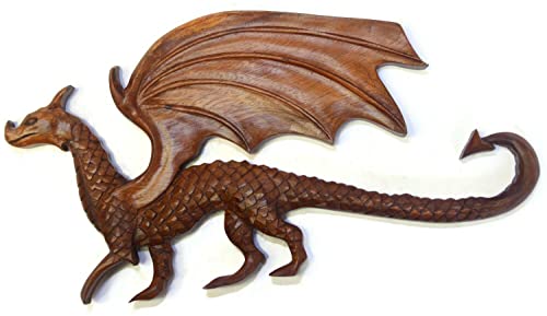 Brave Wings Hand Carved Wooden Dragon Relief Panel ~ Winged Dragon ~ OOAK Ornament Sculpture Figurine Statue Unique Wall Decoration Home Decor Gift for Christmas and Birthdays ~ 4311