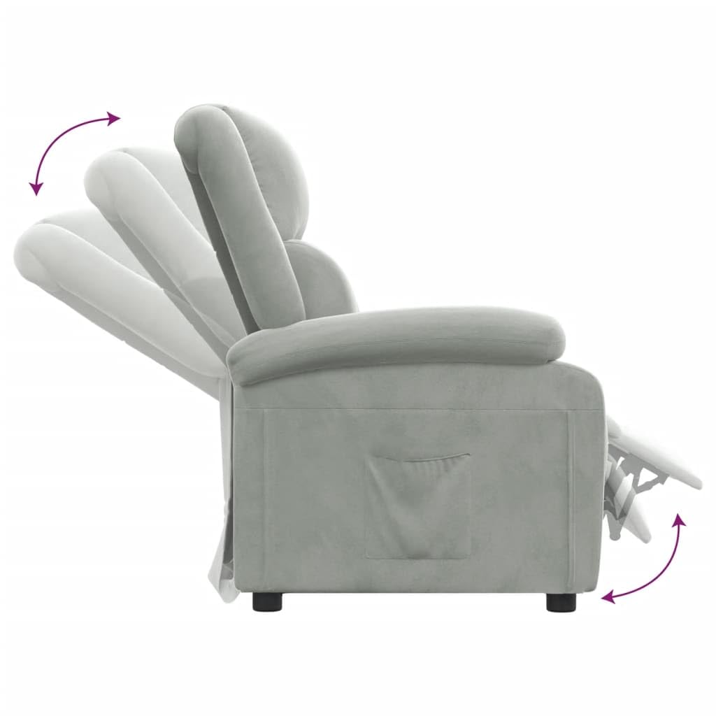 Fotel relaksacyjny, jasnoszary, aksamitny, z regulowanym oparciem i podnóżkiem, ergonomiczny, wygodny fotel wypoczynkowy z drewna i metalu, idealny do salonu, biura i kącika do czytania