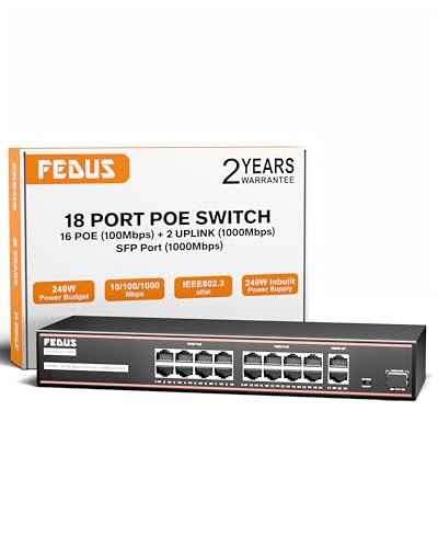 Image of FEDUS NextSwitch-16000UG 18 Port PoE Switch, 16 PoE Ports (10 /100Mbps) + 2 Gigabit Uplink +1 SFP Gigabit Port, 240W Power Budget, IEEE 802.3af /at, 250m Extend Mode, VLAN, 6KV Surge, Unmanaged CCTV NVR