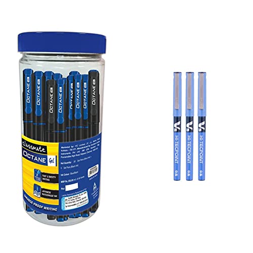 Image of Classmate Octane Gel Pen (Blue & Black)- Pack Of 25 + 10 Gel Refills Free & Pilot V5 Liquid Ink Roller Ball Pen -Blue(Pack Of 3)