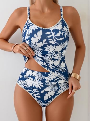 Image of Eomenie Tankini Swimsuit for Women Tummy Control Ruched Two Piece Bathing Suits High Waisted Shell Stitch Swimwear