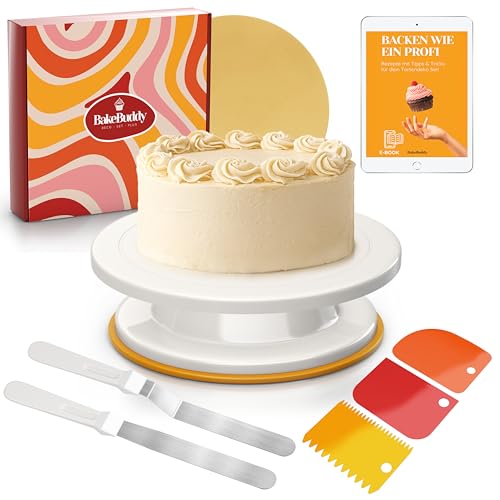 BakeBuddy Torten Drehplatte (28cm) mit Backzubehör Tortendreher mit Winkelpalette Palette Teigschaber & goldener Tortenunterlage - Kuchen Back Utensilien für Anfänger & Profis