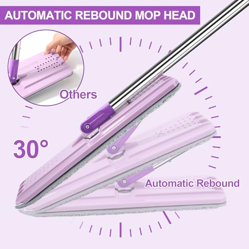 Image of BOSHENG Mop and Bucket with Wringer Set, Hands Free Flat Floor Mop and Bucket, 3 Washable Microfiber Pads Included, Wet and Dry Use, Home Floor Cleaning System for All Floor Types and Windows, Purple