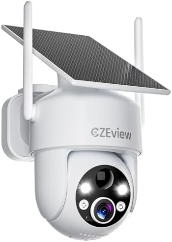 CZEview 2K Überwachungskamera Aussen Solar, 360° Kamera Outdoor Akku | 100% kabellos, HD Nachtsicht, Bewegungsalarme, PTZ 360°, IP65, lange Akkulaufzeit, einfache Install., kompati