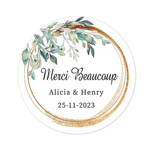 50 PERSONNALISÉS Autocollants mariage - Merci Beaucoup RONDS 40MM étiquettes Laurier de Mariage, Baptême, fiançailles, anniversaire, Fête, cadeau invité, dragées, enveloppe - Rd 059 (003) Cover