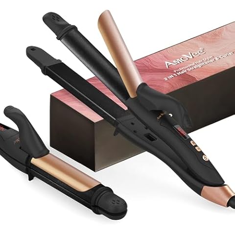 AmoVee Travel Curling Iron, 1.25 Inch Hair Straightener Curling Iron, 2 in 1 Flat Iron Ceramic Tourmaline, Dual Voltage Curling Iron, Adjustable Temp, Rose Gold Cover
