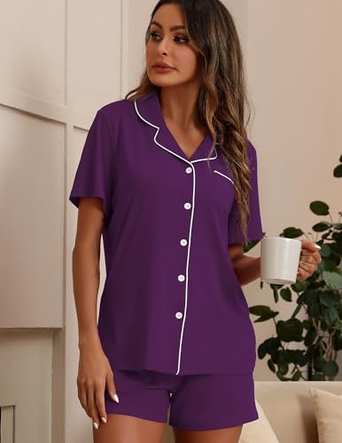 Image of ZMJ Pajamas for Women Set 2 Piece Pj Short Sets Bride Sleepwear Button Up Rose Purple 3XL