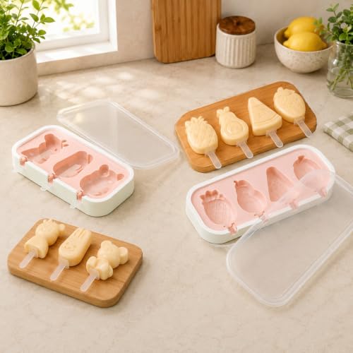 Image of 3 Cartoon & 4 Fruit Shape Cavity Non-Stick Silicone Ice Cream Mould with Lid & Plastic Sticks Reusable Frozen Candy, Kulfi Molds, BPA-Free DIY Icecream Popsicle Maker (Multicolor, Pack of 2)