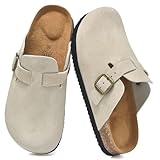 UpResty Genuine Suede Kids Clogs with Arch Support, Comfort Clogs for Boys Girls with Memory Foam Insole, Non Slip Cork Footbed Kid Mules with Adjustable Straps, Slip on Potato Shoes Grey Size 34