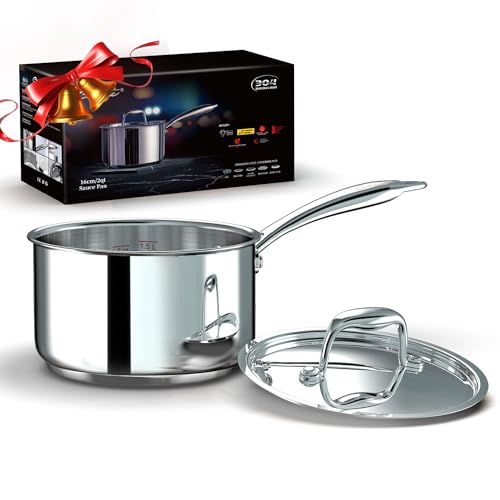 Ciwete 2 Quart Sauce Pan with Lid, Tri Ply Stainless Steel Saucepan 2 Qt with Stainless Steel Lid, 2 Measuring Lines, Upgraded Packaging, Cool Ergonomic Handle, Dishwasher & Oven Safe by ciwete - Used condition - US$25.91