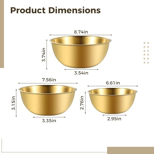 9 Pcs Gold Stainless Steel Mixing Bowls Set, 3 Sizes, Deep Salad Bowl for Nesting Storage, Baking, Prepping, Serving, Space Saving Kitchen Bowls with Deepened Design for Mixing and Tossing - Image 4