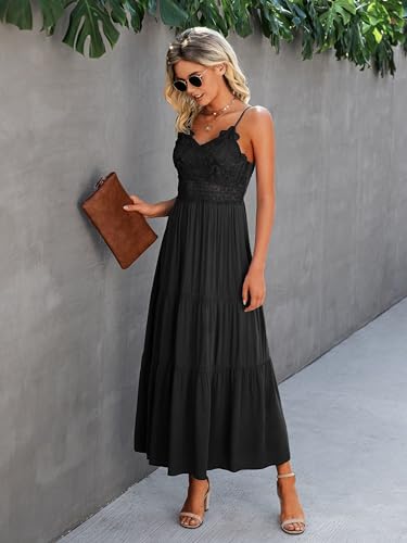 Image of Dokuritu Women's Beach Crochet Lace Maxi Dress Solid Color Summer Vacation Wedding Guest Spaghetti Strap Long Dress