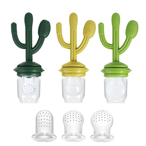 Image of PandaEar Baby Fruit Food Feeder Pacifier, 3 Pack Silicone Feeder Cactus Shape Teething Toy Teether 3 Sizes Silicone Pouches for Babies Toddlers Infants Kids, BPA-Free Food Grade Soft Safe (Green)
