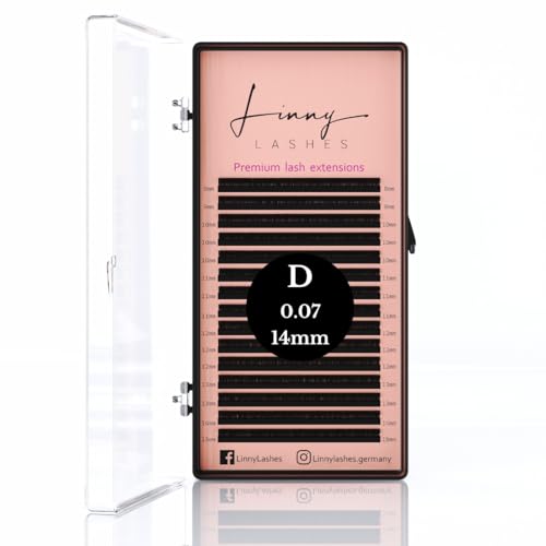 LINNY LASHES Extensiones de pestañas, 16 filas, grosor 0,07, 0,05, 0,03, longitud 8-15 mm, caja mixta, extensiones de pestañas (D-Curl 0,07, 14 mm)